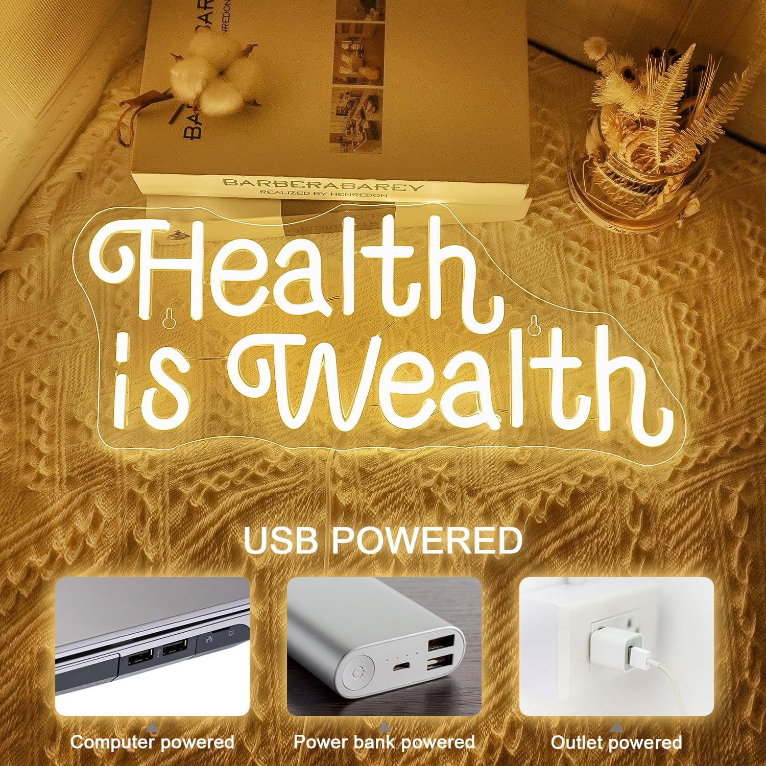 Health is Wealth Neon Sign USB - Health Wellness Yoga 评论和价格